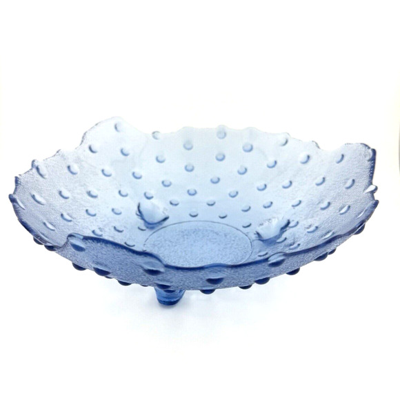 Blue Glass Hobnail Bowl With Tripod Legs - Picture 1 of 9